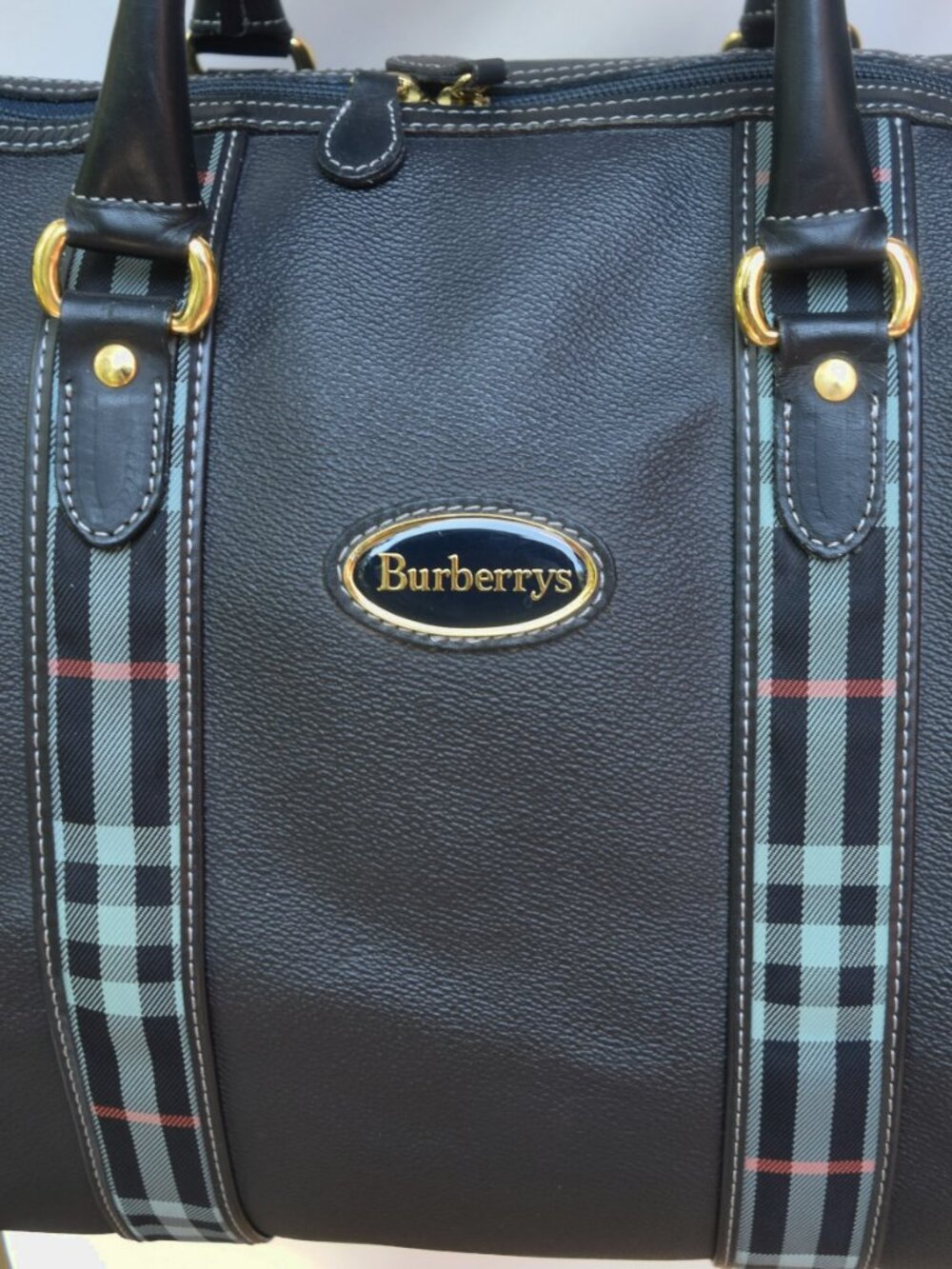 Vintage Burberrys Midnight Navy Leather Boston Duffel Travel Bag - Picture 11 of 13